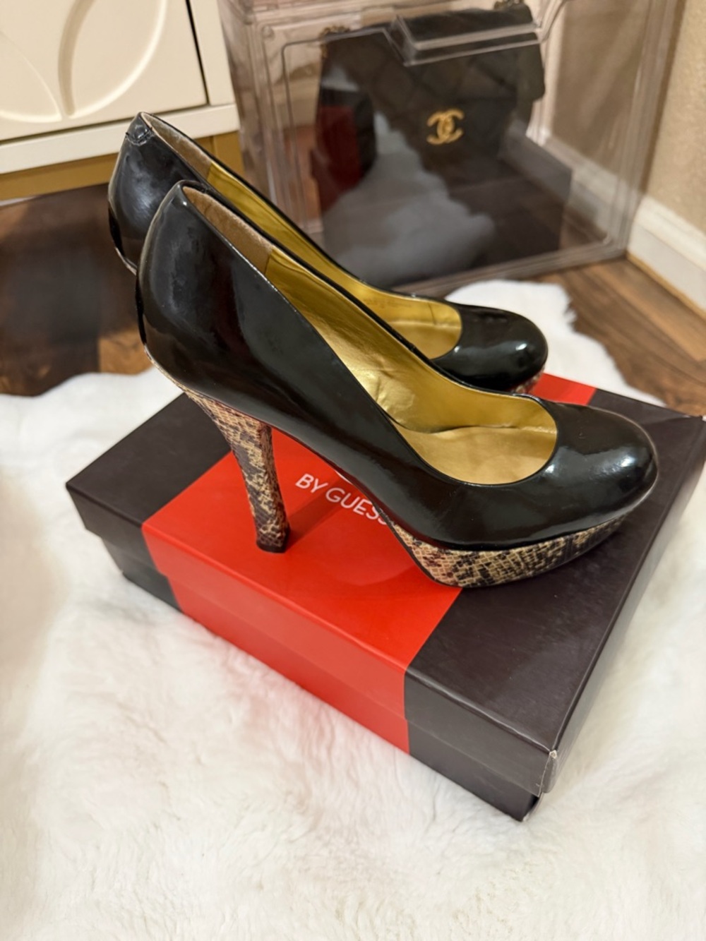 Guess Black Patent Platform Pumps with Snakeskin-Print Heel and Platform